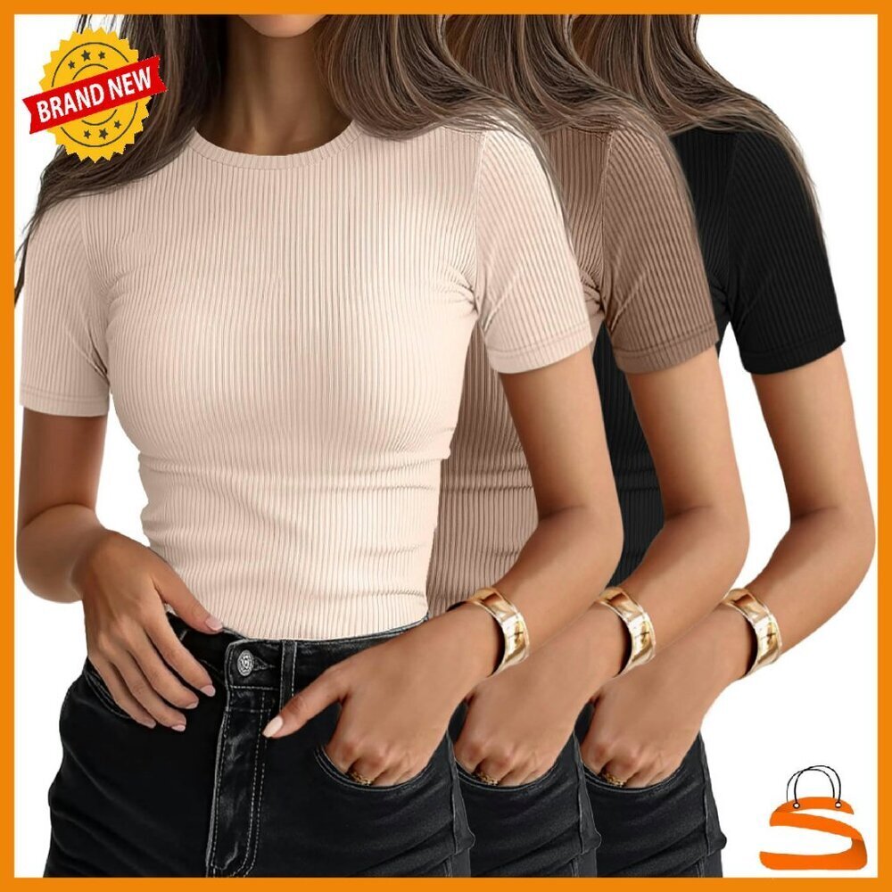 3 Pack Women's Ribbed Cotton Tees Short Sleeve Crewneck Fitted Tops